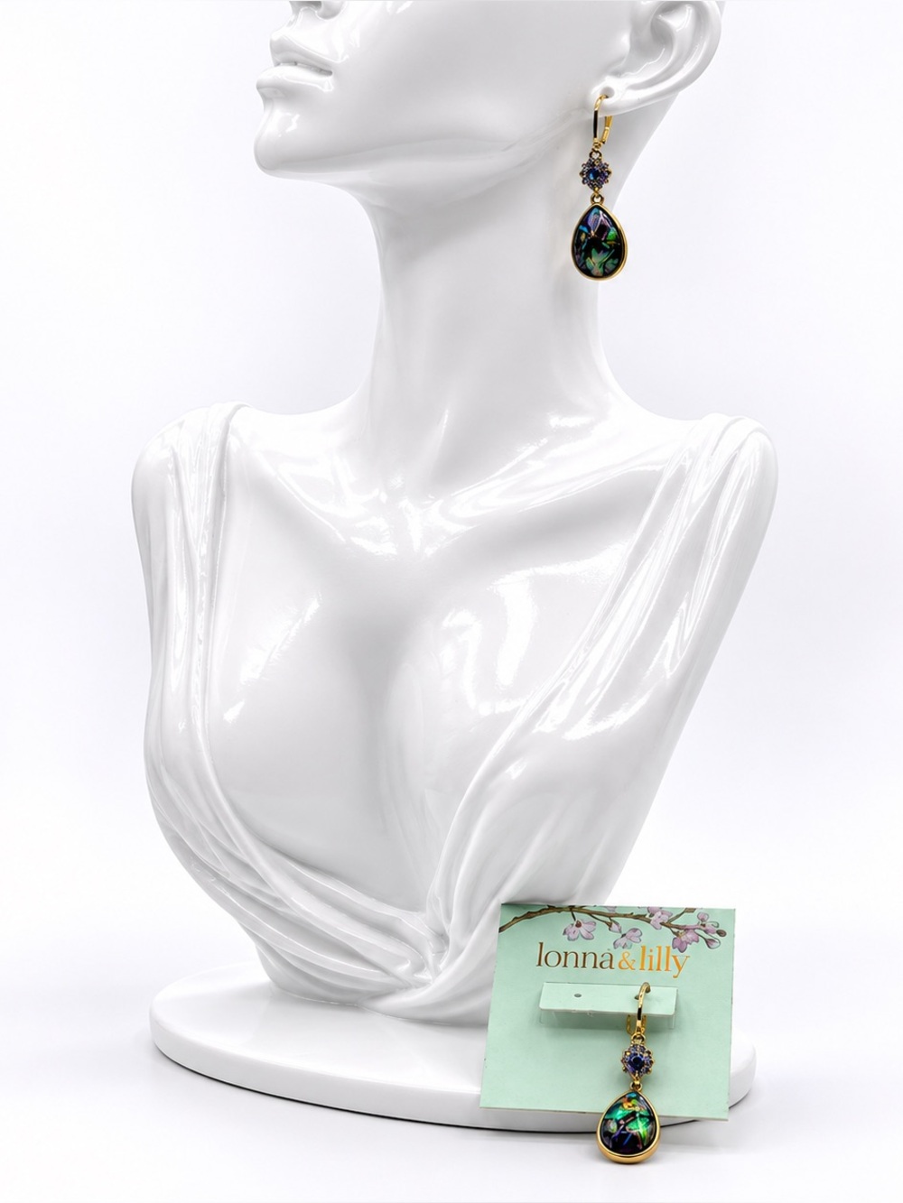 Lonna & Lilly Blue Abalone Shell Teardrop Dangle Earrings Gold Tone Crystal - Picture 2 of 11